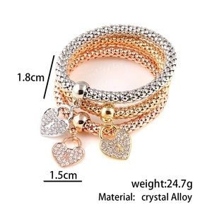3Pcs Gold Color Heart Charm Elastic Bracelets For